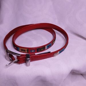 Brighton Red Leather Belt with Multicolor Design